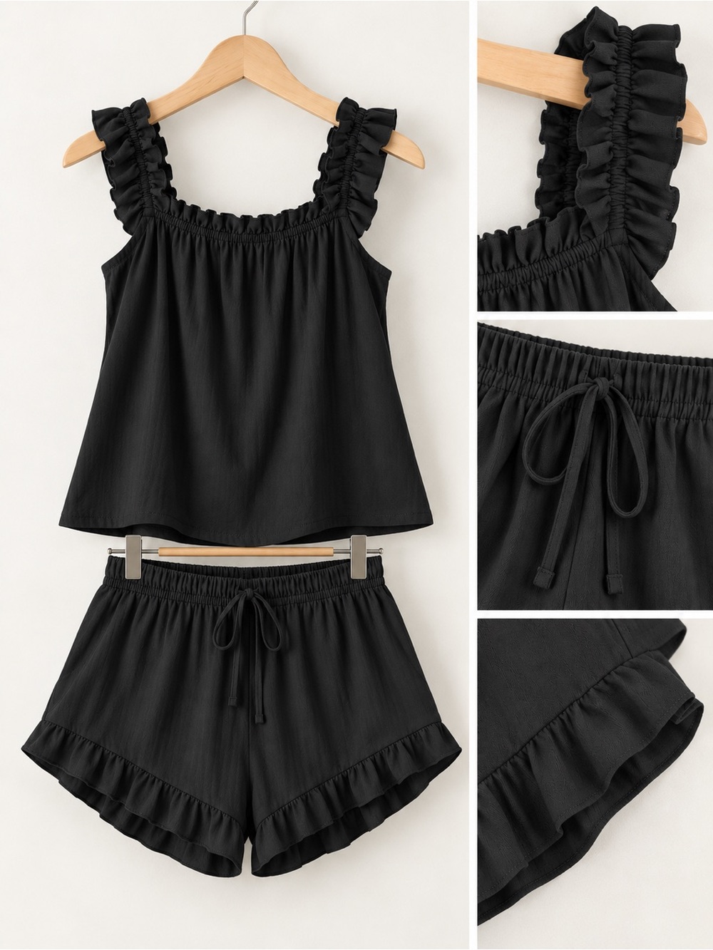 Women’s Black Ruffle Two-Piece Lounge Sleep Set